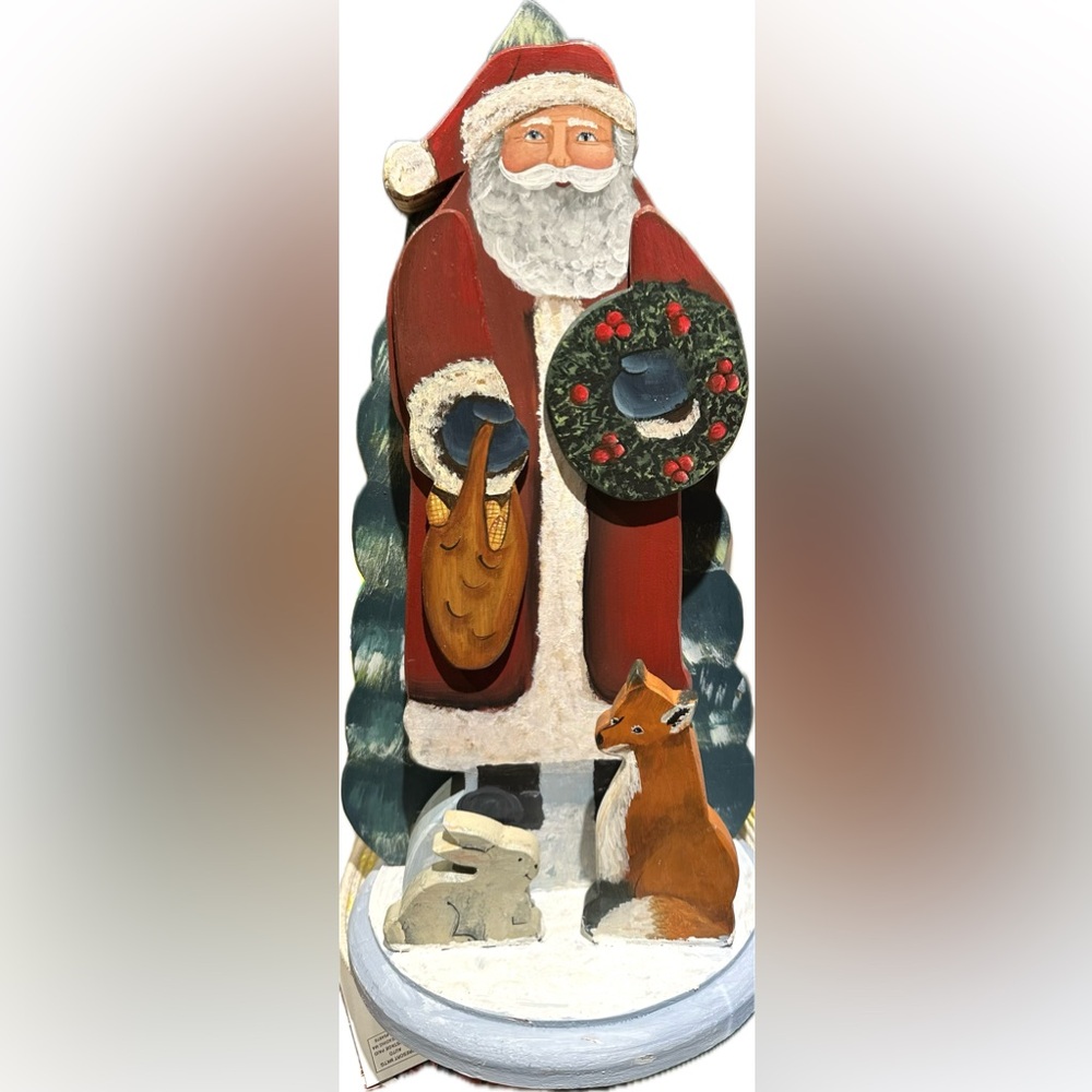 Handmade Hand Painted & Carved Artisan Wood Santa Card Holder Stand Fox & Bunny